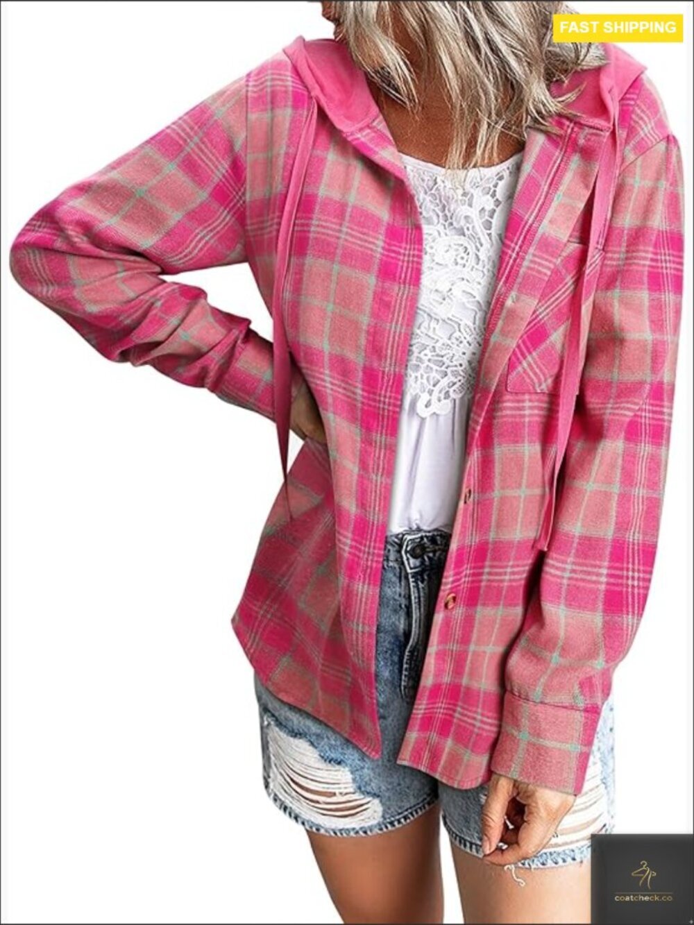 Women Plaid Hooded Shacket Long Sleeve Button Down Blouse Jacket Coat Oversized